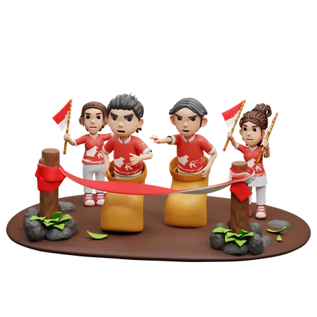 Indonesian People Playing Sack Race  3D Illustration