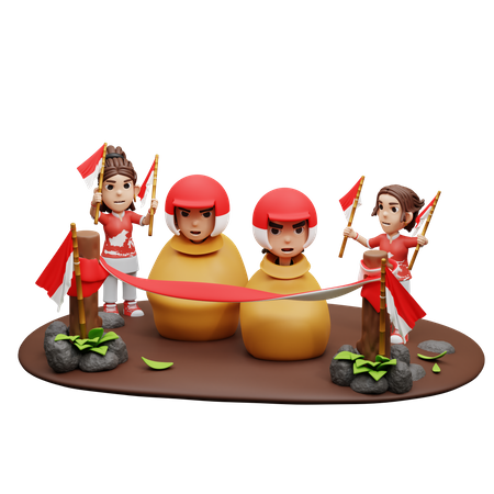 Indonesian People Playing Sack Race With Helmet  3D Icon