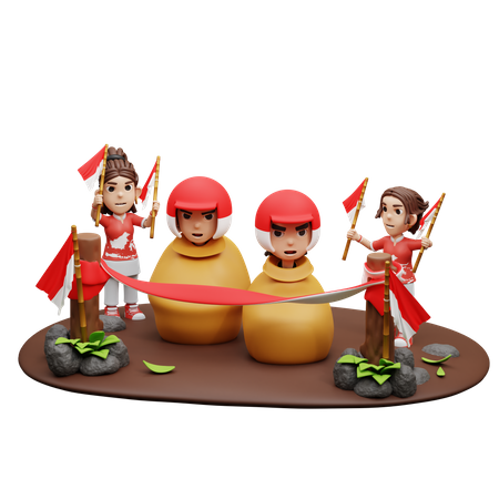 Indonesian People Playing Sack Race With Helmet  3D Illustration