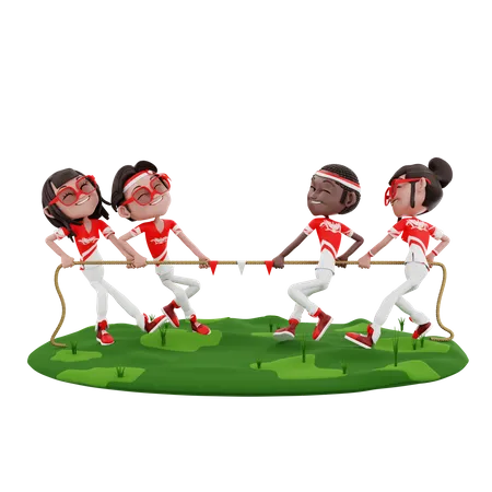 Indonesian people playing Tug of war  3D Illustration