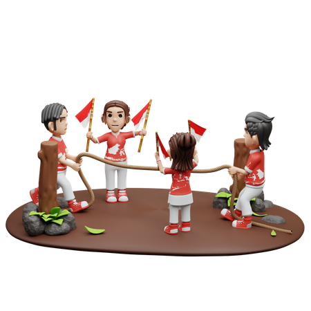 Indonesian People Playing Tug Of War  3D Illustration
