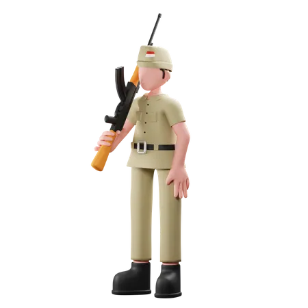 Indonesian soldier standing steady with gun  3D Illustration