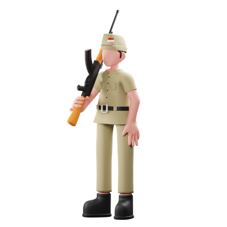 Indonesian soldier standing steady with gun 3D Illustration