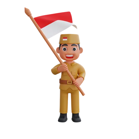 Indonesian Warrior holding flag  3D Illustration