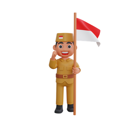 Indonesian Warrior holding flag  3D Illustration