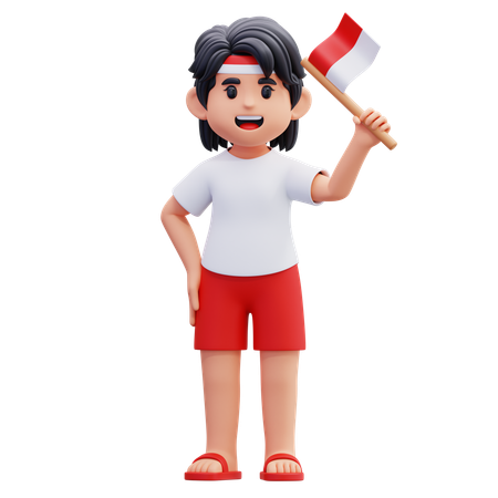 Indonesian Youth Holding Indonesian Flag  3D Illustration