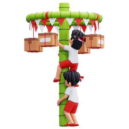 Indonesian Youth Join Climbing Slippery Pole  3D Icon