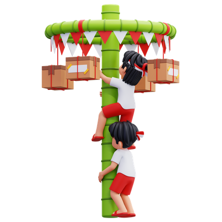 Indonesian Youth Join Climbing Slippery Pole  3D Illustration