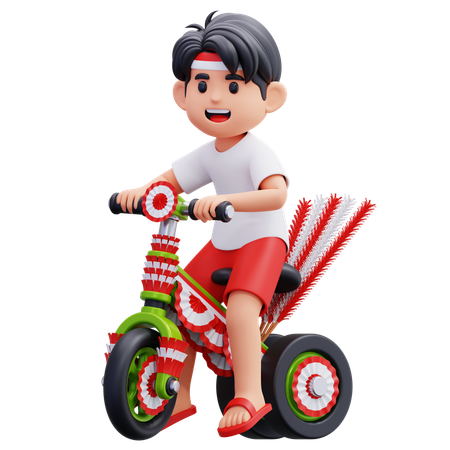 Indonesian Youth Riding Decorated Bicycles  3D Illustration