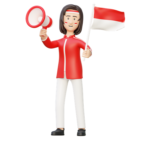 Indonésie Femmes tenant un mégaphone et un drapeau le jour de l'indépendance  3D Illustration