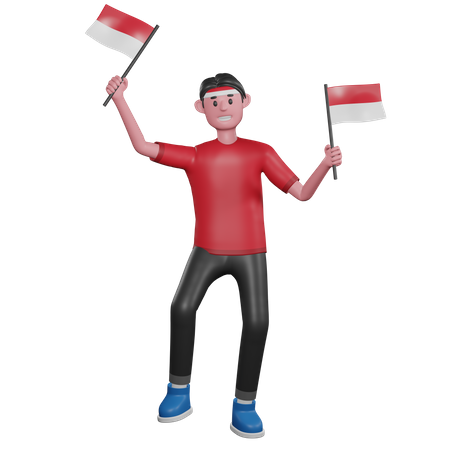 Homme indonésien tenant des drapeaux  3D Illustration