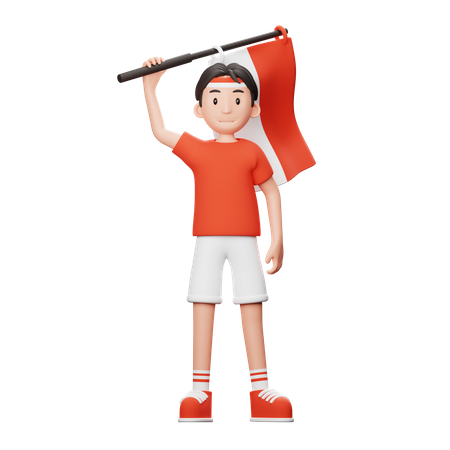 Homme indonésien tenant un drapeau  3D Illustration