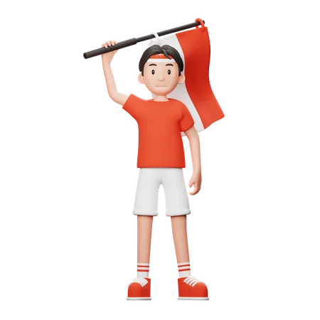 Homme indonésien tenant un drapeau  3D Illustration