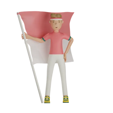 Homme indonésien tenant le drapeau indonésien  3D Illustration