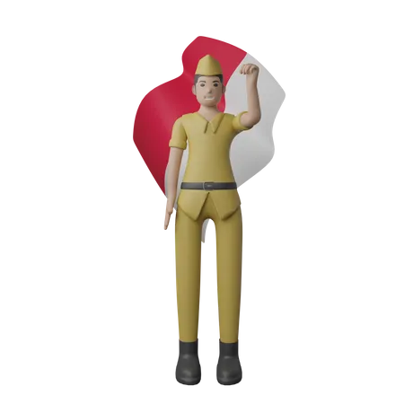 Homme indonésien tenant le drapeau indonésien  3D Illustration