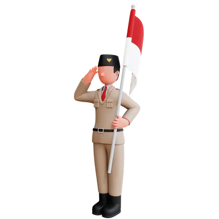 Homme indonésien tenant le drapeau indonésien et donnant le salut  3D Illustration