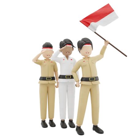 3 D 3 Mannliche Charaktere Bringen Indonesische Flaggenillustration 3D Illustration