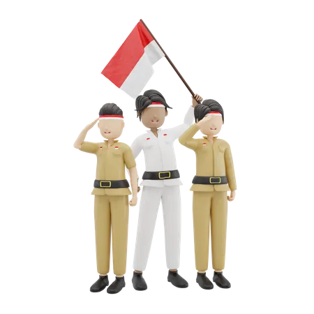 3 D 3 Mannliche Charaktere Bringen Indonesische Flaggenillustration 3D Illustration
