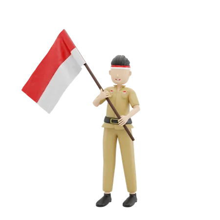 3 D Mannliche Figur Bringt Indonesische Flagge Illustration 3D Illustration