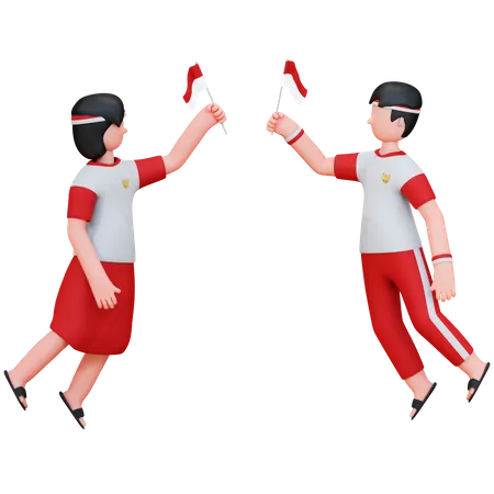 Indonesier halten indonesische Flagge  3D Illustration