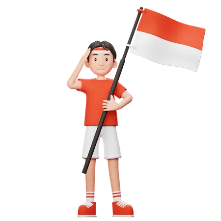 Indonesischer Junge mit Flagge  3D Illustration