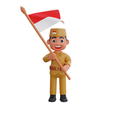 Indonesischer Krieger mit Flagge  3D Illustration
