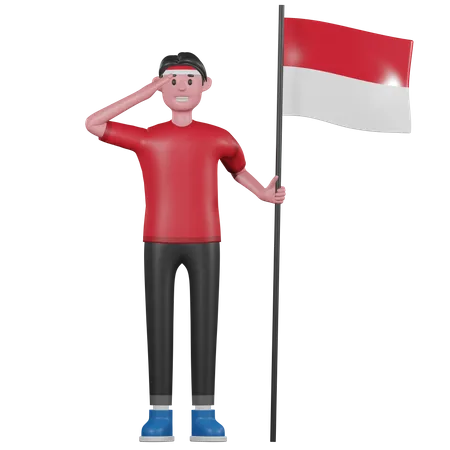 Indonesischer Mann grüßt und hält indonesische Flagge  3D Illustration