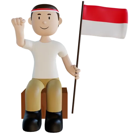 Indonesischer Mann mit Flagge  3D Illustration