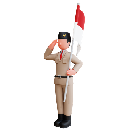 Indonesischer Mann hält indonesische Flagge und grüßt  3D Illustration