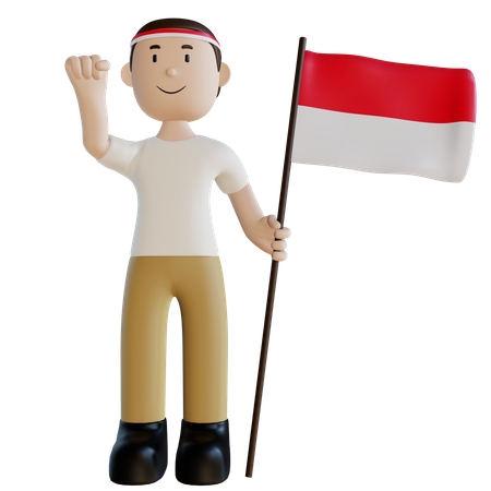 Indonesischer Mann steht mit einer Flagge  3D Illustration