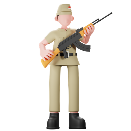 Indonesischer Soldat mit Waffe  3D Illustration