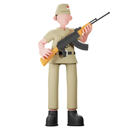 Indonesischer Soldat mit Waffe  3D Illustration