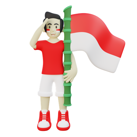 Indonesier hält indonesische Flagge und salutiert  3D Illustration