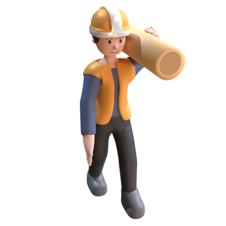 Industrial Worker Carrying Tree Trunks  3D Icon