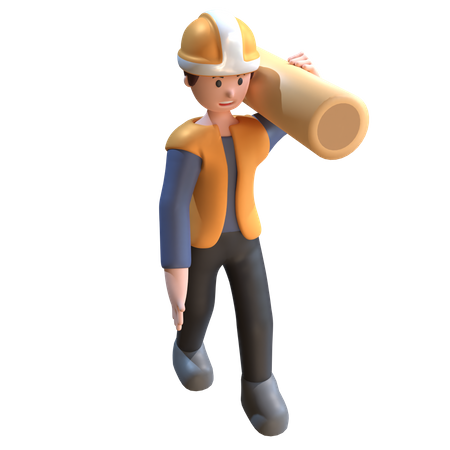 Industrial Worker Carrying Tree Trunks  3D Illustration