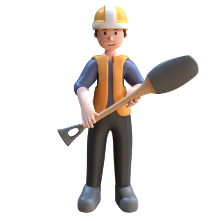Industrial Worker Holding Shovel  3D Illustration