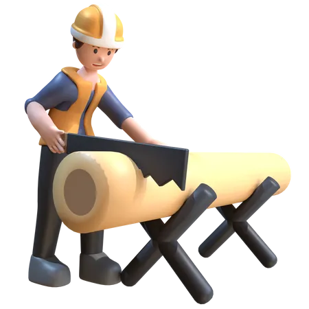 Industrial Worker Is Sawing Wood  3D Illustration
