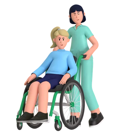 Infirmière aidant un patient en fauteuil roulant  3D Illustration