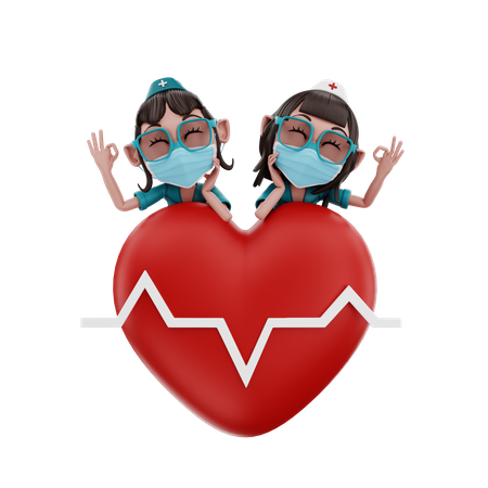 Infirmières debout avec signe de coeur  3D Illustration