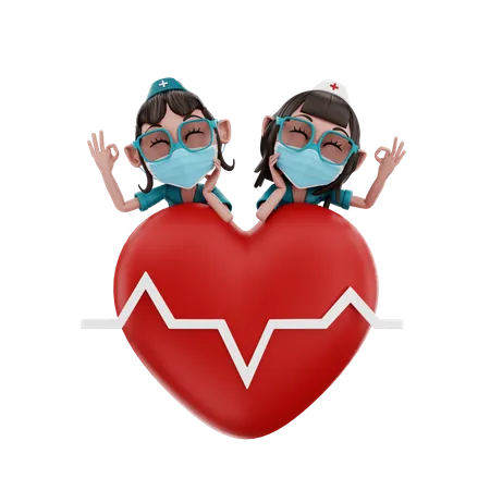 Infirmières debout avec signe de coeur  3D Illustration