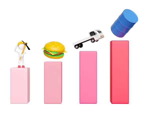 3 D Bar Graph With Food Oil Barrel Delivery Truck Wage Icon Isolated High Inflation Expensive Saving Money Raise The Price Concept 3D Icon