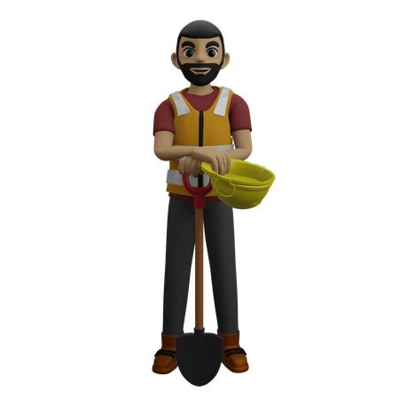 Ingeniero civil de pie con pala y casco  3D Illustration