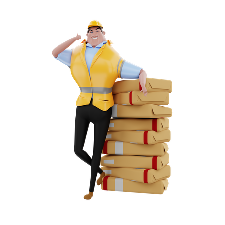 Ingeniero de pie con montones de mercancías  3D Icon