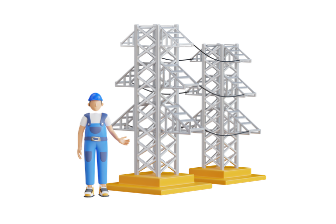 Ingeniero eléctrico parado cerca de la torre de electricidad  3D Illustration
