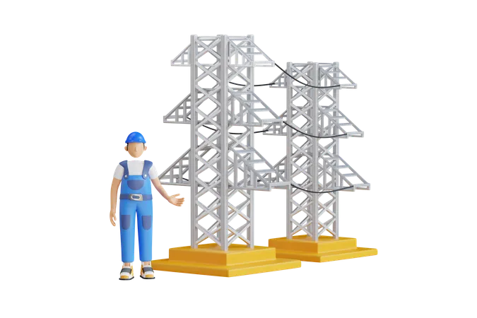 Ingeniero eléctrico parado cerca de la torre de electricidad  3D Illustration