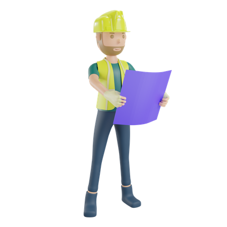 Ingeniero sosteniendo el plano de la casa  3D Icon