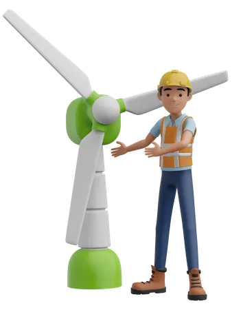 Ingeniero y molino de viento eléctrico  3D Illustration