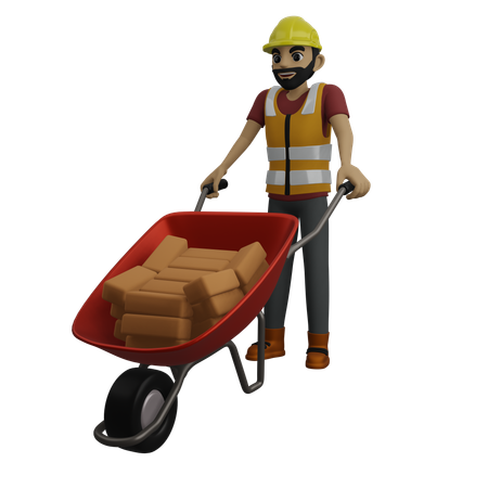 Ingénieur civil poussant des caisses de briques  3D Illustration