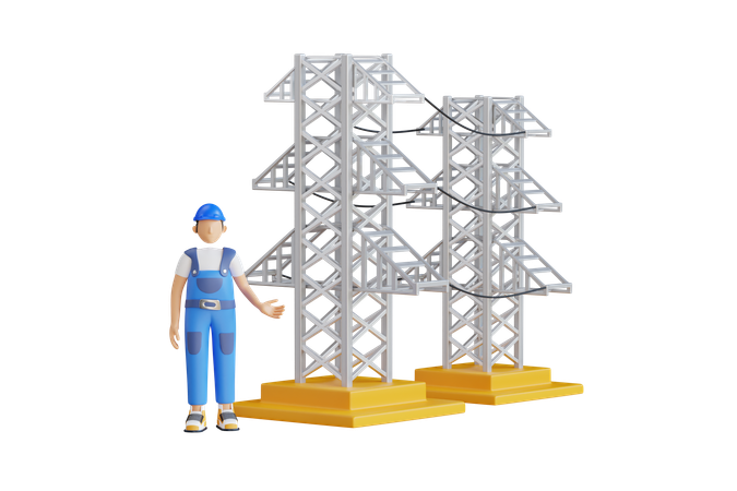 Ingénieur électricien debout près de la tour électrique  3D Illustration