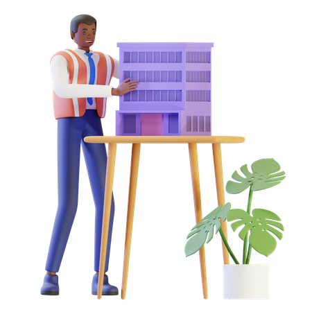 Ingénieur présentant le modèle de bâtiment  3D Illustration